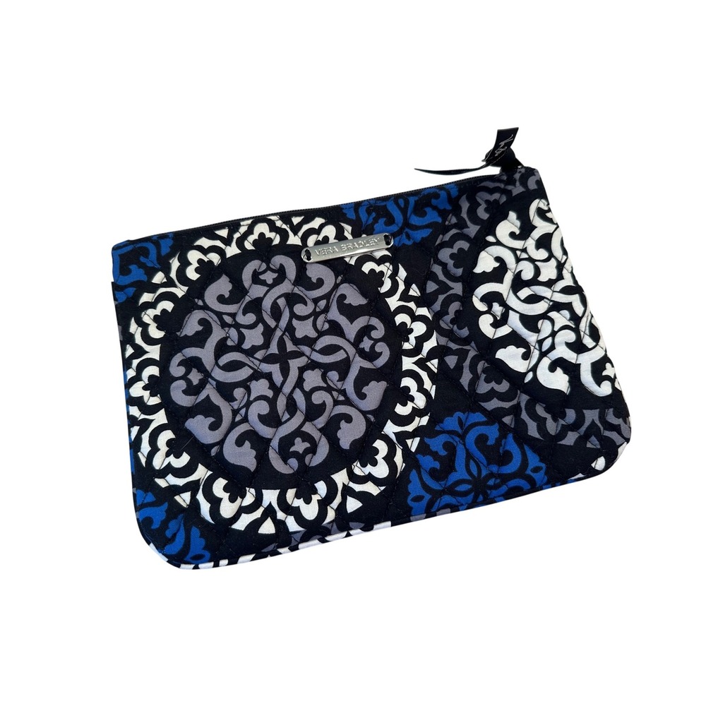 Vera Bradley Cosmetic Bag Pouch Black Blue Medallion Pattern Quilted Zip Closure